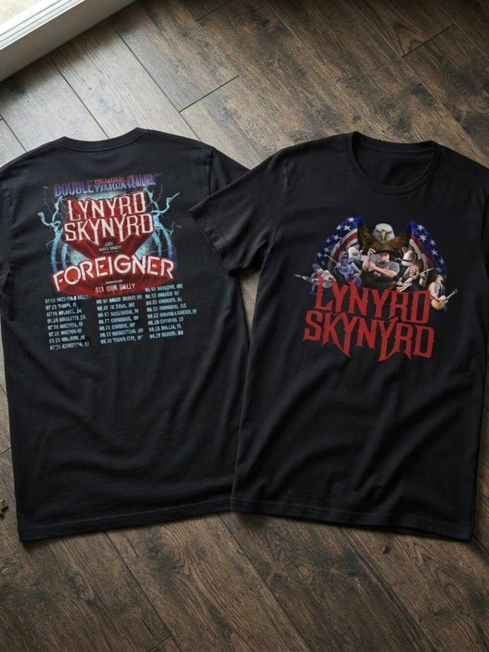 Lynyrd Skynyrd Foreigner Double Trouble Tour Black Graphic T-Shirt